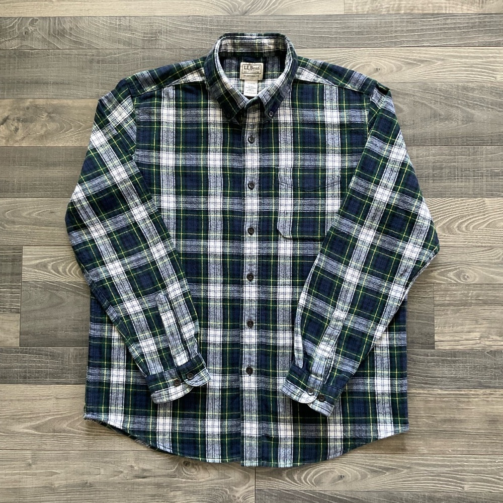 LL Bean Scotch Plaid Flannel Shirt Mens MEDIUM Trad Fit Blue Green White 228061